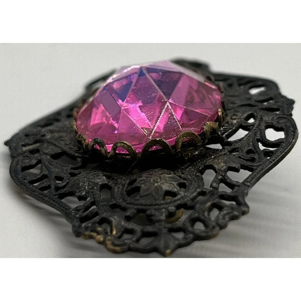 Old Metal Brooch Pin with Pink Glass Gem Brooch Is 3” X 2” , Gem Is 1” Long - Picture 10 of 10
